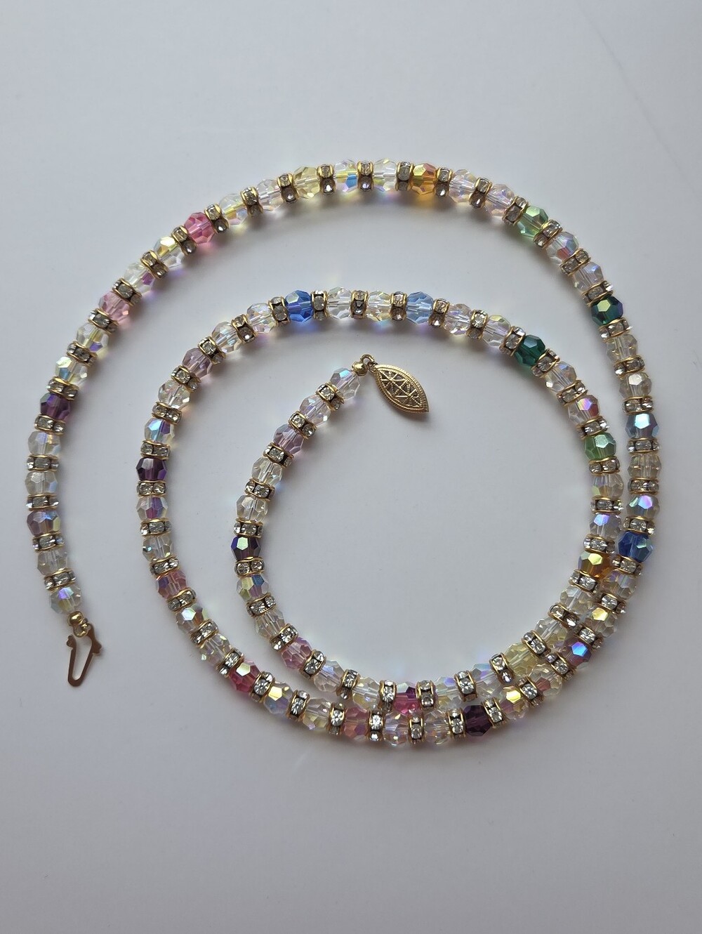 vtg gold filled czech glass AB pastel beaded fruit salad long necklace 28in